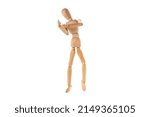 Small photo of wooden man shows an obscene sign with his hand isolated on a white background. High quality photo