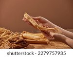 Small photo of Image of female hand holding ginseng root on brown background with other herbs. Ginseng has been used in traditional medicine has effects: strengthens the immune system, improves brain function
