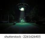 News about UFO invasion and strange happenings in USA. American horror and heroism. An alien ship kidnappings some children. Added grain and selective focus on UFO