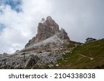 Forcella Nuvolau and Rifugio Averau (refuge), the path to the Cinque Torri. Nuvolau, Dolomites Alps, Italy