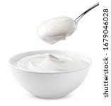 Small photo of sour cream in bowl and spoon, mayonnaise, yogurt, isolated on white background, clipping path, full depth of field