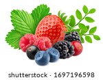 wild berries mix, strawberry, raspberry, currant, blueberry, cranberry, blackberry, isolated on white background, clipping path, full depth of field