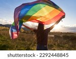 Non-binary person waving LGTB flag in the meadow