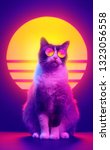 Small photo of Retro wave synth vaporwave portrait of a cat in sunglasses with palm trees reflection. 80s sci-fi futuristic fashion poster style violet neon aesthetics.