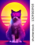 Small photo of Cat wearing virtual reality goggles wireless headset. VR videogame experience in 80's synth wave and retro vaporwave futuristic aesthetics.