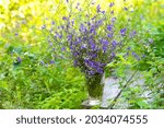 Small photo of a bouquet of phyletic wildflowers in a glass of water on a wooden table outside