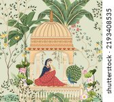Traditional Mughal queen sitting in garden, arch, temple, lamp, bird vector illustration seamless pattern for wallpaper