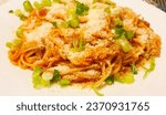 Small photo of Spaghetti with vegetable and meat sauce, cheese, pasta, Italy, food, lunch, dinner, goodies, holidays