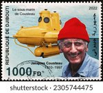 Small photo of Milan, Italy – May 14, 2023: Jacques Cousteau and his bathyscaphe on postage stamp