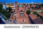Small photo of Aerial view of the Basilica di Sant'Ambrogio with its elegant courtyard and crypt where the remains of Saint Ambrosius are kept. Museum. Universita Cattolica del Sacro Cuore Italy Milan 17.11.2023