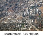 Riverside California aerial at the 60, 91 and 215 freeway interchange.