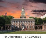 Independence Hall National Historic Park Philadelphia Pennsylvania with sunset sky.