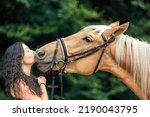 A female equestrian cuddles with her bridled kinsky horse. Portrait of a young woman giving a little kiss on her horses nose