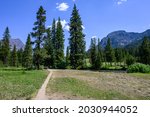 Trail to scenic location and picnic table on Soda Butte Creek, Yellowstone National Park, USA
