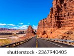 Small photo of Highway in the desert of the red canyon. Red rock canyon highway road. Highway road in canyon. Red rock canyon road