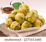 Small photo of Fulwada Bhajiya. Methi bhajiya. Methi gota, Methi pakoda indian gujarati special snack food with chutney. Fulvada.