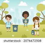 cute kids collect plastic... | Shutterstock .eps vector #2076672508