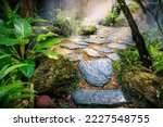 Backyard garden minimal desing with natural stone walkway in green fresh forest sunlight at home.