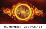Small photo of Color smoke ring. Burning vortex. Occult portal. Inferno blast. Golden orange red vapor round frame glow on dark black abstract background.