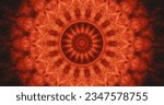Small photo of Glowing fractal. Kaleidoscope ornament. Sparkling red orange black color circle shape creative ornament abstract art background with free space.
