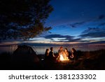 Night summer camping on lake shore. Group of five young happy tourists sitting in high grass around bonfire near tent under beautiful blue evening sky. Tourism, friendship and beauty of nature concept