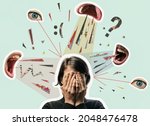 Collage with a woman covering her face and screaming mouths. Bullying, abuse, harassment. Concept.