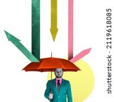 Small photo of A man with an umbrella as a concept of protection from adverse factors. Art collage.