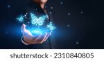 Small photo of Blue Digital Butterfly effect on the businessman with glowing particles light. Global business economy and digital transformation concept. Connectivity and Virtual Reality theme. Copy space