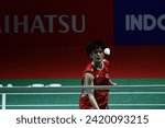 Small photo of Wang Zhi Yi from China winning the woman single of Daihatsu Indonesia Masters 2024 badminton championship in Istora Senayan, Jakarta, Indonesia. 28 January 2024