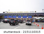 Small photo of "Cikampek Utama 1" toll gate, during the Eid homecoming atmosphere, Purwakarta, West Java, Indonesia, 27 April 2022