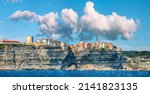 Astonishing view on Bonifacio town from the sea. Popular tourist destination on Corsica. Location: Bonifacio, Corsica; France, Europe