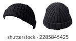 Small photo of two docker knitted black hats isolated on white background. fashionable rapper hat. hat fisherman