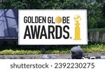 Small photo of Jakarta - November 23,2023: The Golden globe awards logo seen on billboard. Golden globe awards honored the best in film and American television, as chosen by the Hollywood Foreign Press Association