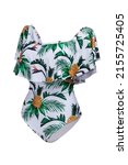 Small photo of Close-up shot of an off shoulder flounce white one piece swimsuit with a tropical print. The bathing suit is isolated on a white background. Side view.