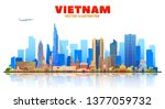 Vietnam (Ho Chi Minh, Hanoi and other) skyline with panorama at sky background. Vector Illustration. Business travel and tourism concept with modern buildings. Image for banner or web site.