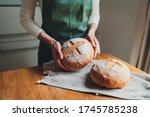 Woman in green linen apron holding homemade sourdough bread, Cooking at home, Homemade country bread loaf