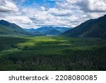 Beautiful Mountain landscape in the Snoqualmie National Forest of Washington state. View from above of a natural pine forest in the Pacific Northwest USA. Natural beauty of a scenic background
