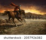 A Warrior (Manas) Rides on a Horse Against Enemy Soldiers Illustration