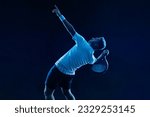 Small photo of Padel tennis player. Padel open tour. Man athlete with paddle tenis racket on blue background. Sport concept. Download a high quality photo for sports website.