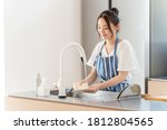 portrait of attractive asian woman washing dish at kitchen