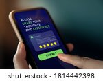 Customer Experiences Concept. Woman Using Mobile Phone to Giving Feedback via the Internet. Positive Review. Client Satisfaction Surveys