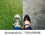 Life Balance concept for Work and Travel present in Top view position by half of Business Working Woman and Sneaker Shoes