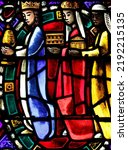 Small photo of The American church in Paris. Stained glass window. Nativity. Adoration of the Child Jesus by the three wise men or Magi. France. 02-27-2020