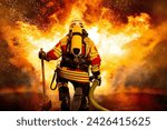 In to the fire, a Firefighter searches for possible survivors on colourfull background.firefighters battle a wildfire,Big bonfire,Firemen using extinguisher and water from hose for fire fighting ,