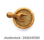 Small photo of Dried anise seed (aniseed) in a wooden bowl with scoop isolated on white background.