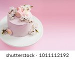 Spring cherry blossom pink cake. Pink background.