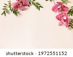 Elegant floral abstract background. Tropical pink phalaenopsis orchids on a light Pastel background. Top view flat lay. Frame for text, copy space.