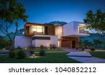 3d rendering of modern cozy house by the river with garage for sale or rent with beautiful mountains on background. Clear summer night with stars on the sky. Cozy warm light from window.