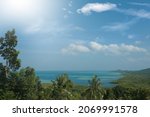 the view of the beach and the blue sky behind the lush forest, the seaside, the view from a height above the sea, some coconut trees can be seen               