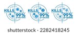 Kills 99.9% bacteria, germs and viruses . Antibacterial and antiviral defence, protection infection. Vector Illustration